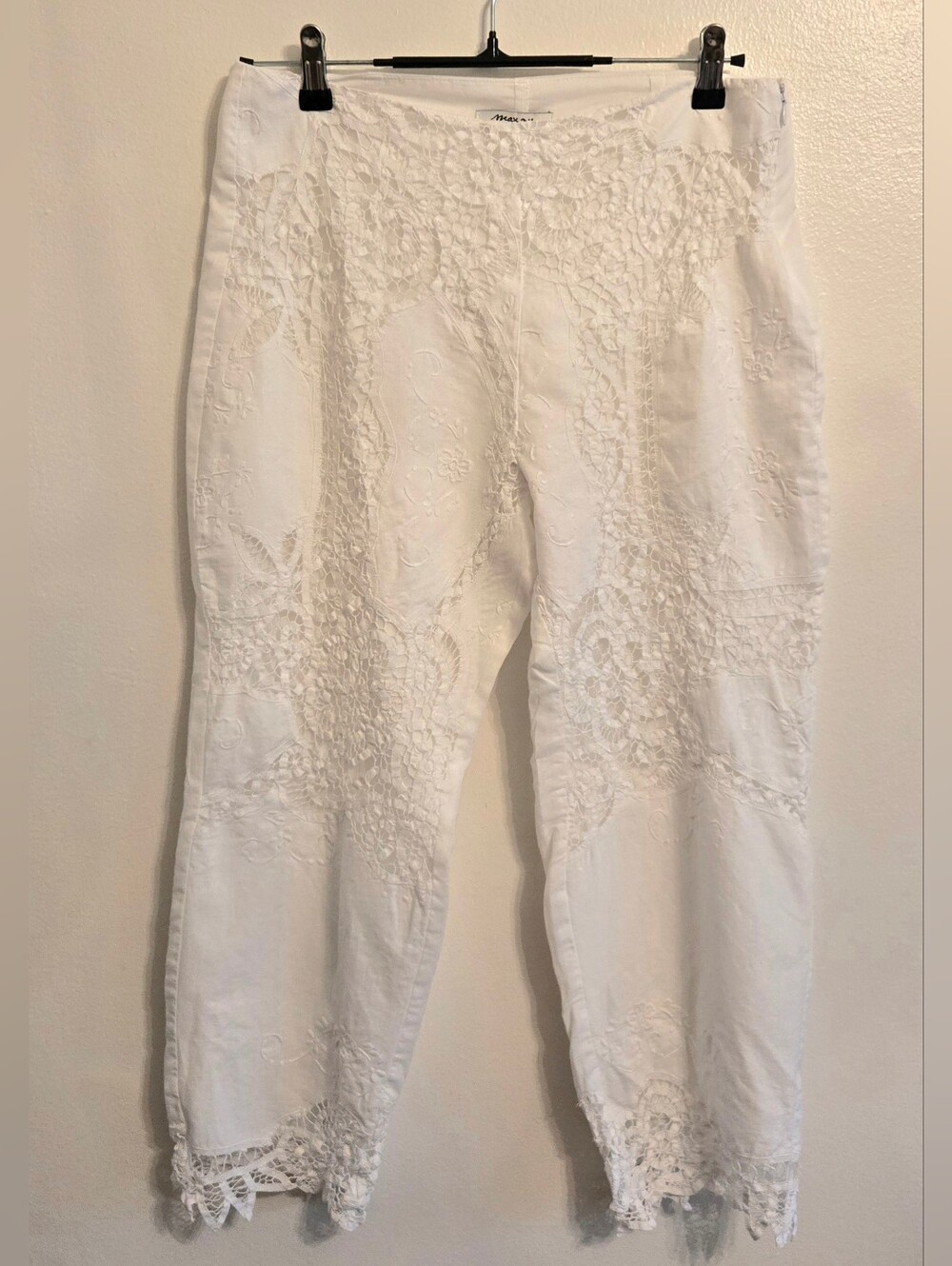 Maxou Vintage White Cotton Battenburg Lace Embroidered Cropped Pants Sz 12